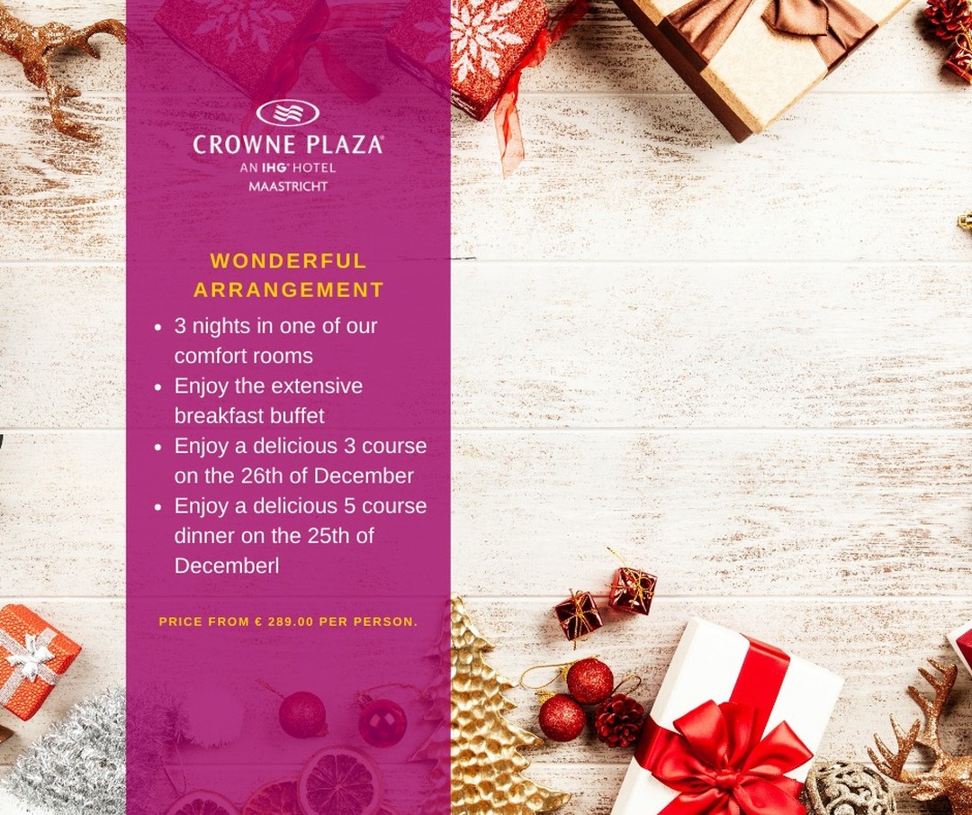 Book our Wonderful X-mas package now and celebrate your Christmas at Crowne Plaza Maastricht while enjoying an extensive breakfast and two delicious dinners.

Reservations can be made at  https://centrumhotelmaastricht.nl/arrangement-hotel-maastricht-wonderful/. For more information, please contact +31 (0)43 350 91 71.
#crowneplazamaastricht #centrumhotelmaastricht #ihghotels #maastricht #winter #christmas#dinner#Package#dinner