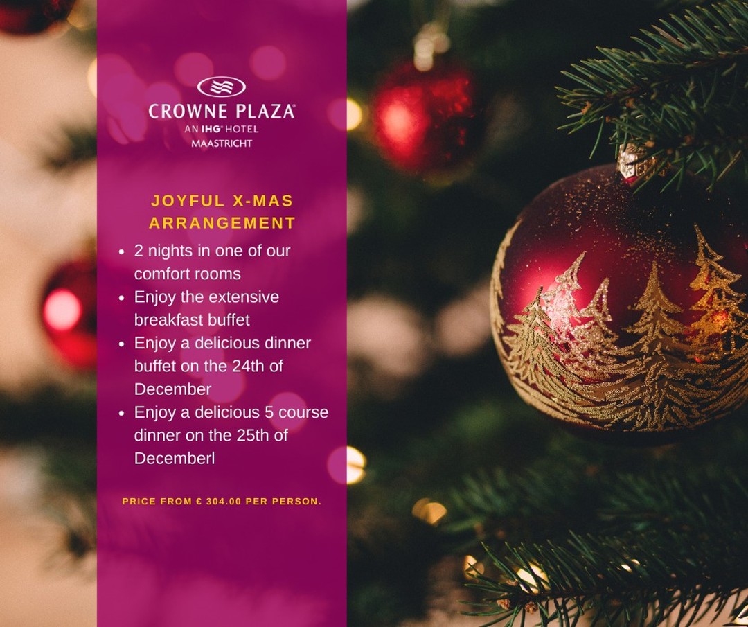 Book our Joyful X-mas package now and celebrate your Christmas at Crowne Plaza Maastricht while enjoying an extensive breakfast and two delicious dinners.😀

Reservations can be made at  https://centrumhotelmaastricht.nl/arrangement-joyful-christmas/. For more information, please contact +31 (0)43 350 91 71.
#crowneplazamaastricht #centrumhotelmaastricht #ihghotels #maastricht #winter #christmas#dinner