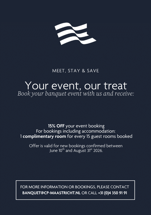 Promotional flyer with three-wave logo, headline 'Your event, our treat' and contact box for banquet offer.