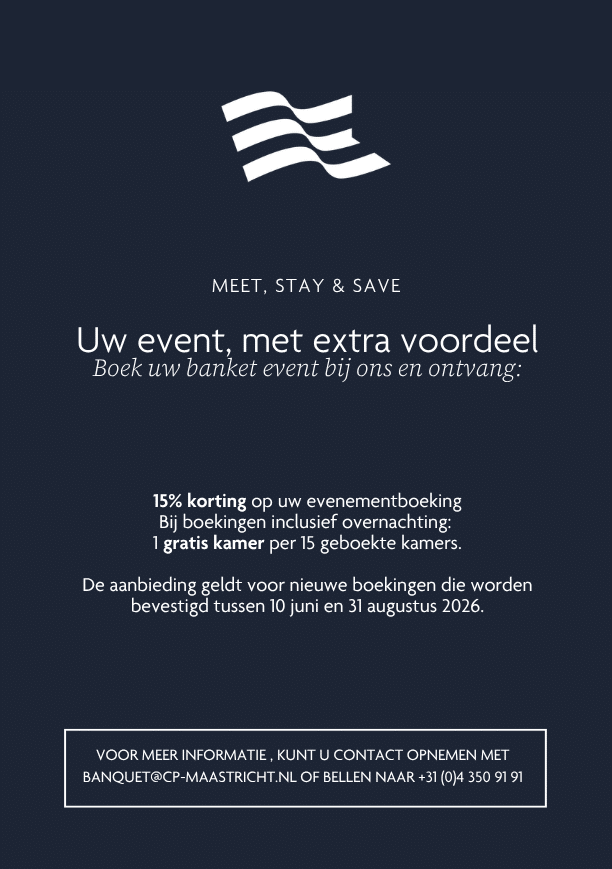 Dark blue promotional poster featuring a white wavy logo, the heading MEET, STAY & SAVE, and Dutch text about 15% discount on event bookings and contact info.