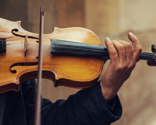 Close-up of a violin being played: left hand on the fingerboard and a bow nearby.